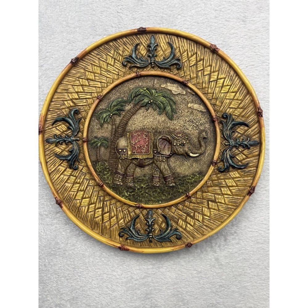 Round Wood Decorative Wall Plate, Raised Elephant Design, Brown Gold Green